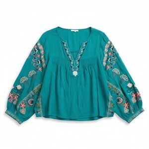 Easel Teal Embroidered Boho Balloon Sleeve Blouse V-Neck Top ET20105 M